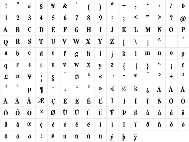 Lido STF Cond Bold  glyph index