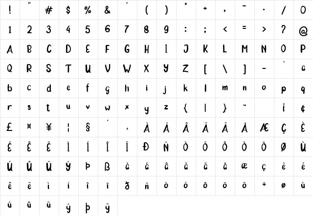 Morning Cake Regular  glyph index