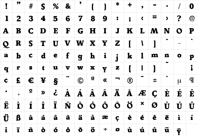 DerringerSerial-Heavy Regular  glyph index