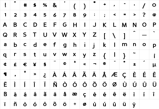 Perspective Sans Bold  glyph index