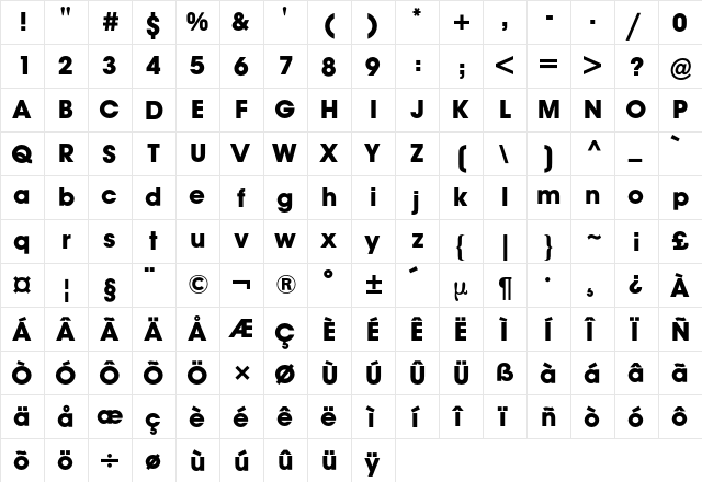 Avant Garde 2 BQ Regular  glyph index