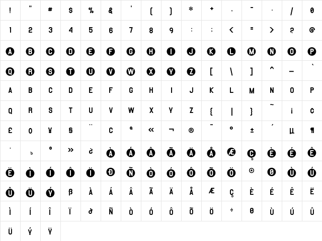 Aviator Regular  glyph index