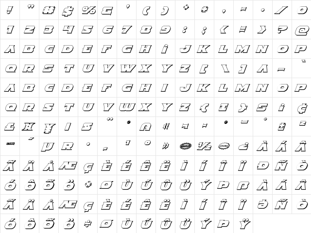 Indigo Demon 3D Italic Italic  glyph index