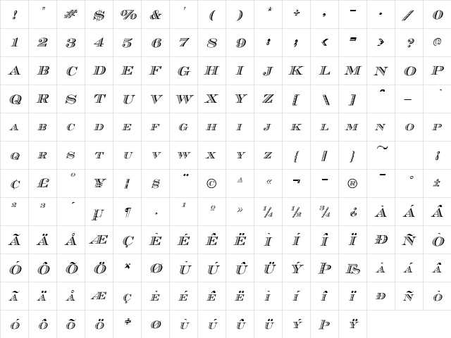 Cash Italic  glyph index