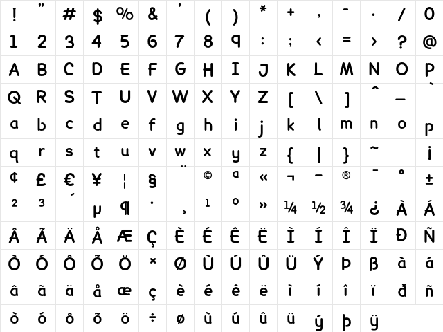 Lexia Bold  glyph index