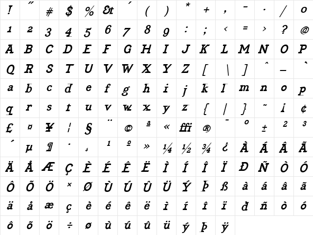 EquipoizeSerif Bold Italic  glyph index