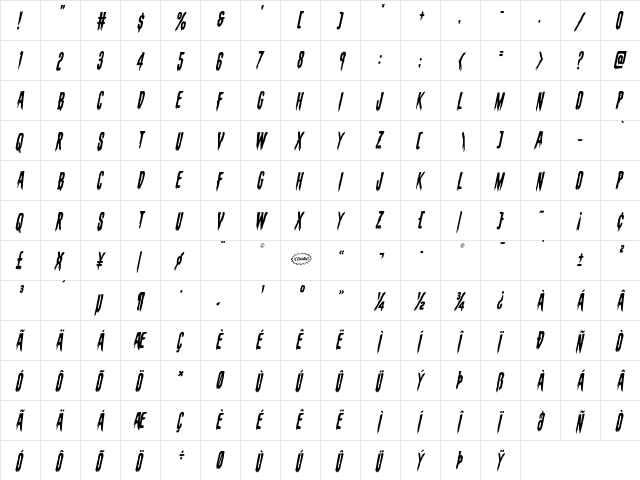 Eva Fangoria Condensed Italic Condensed Italic  glyph index