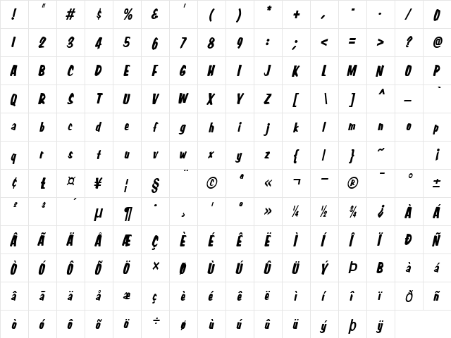 Big Nib-Condensed Italic  glyph index