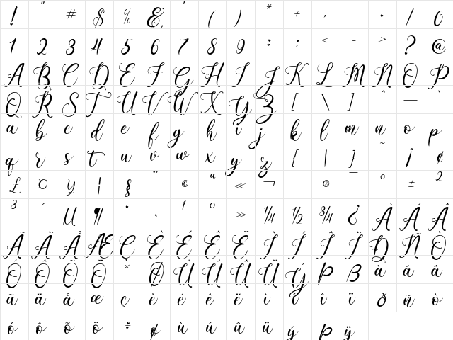 Beauty Gadish Regular  glyph index