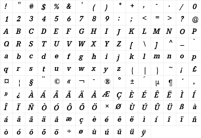 Corporate E BQ Bold Italic  glyph index