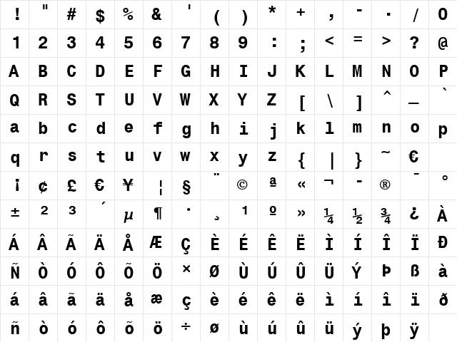 Monospac821 BT Bold  glyph index