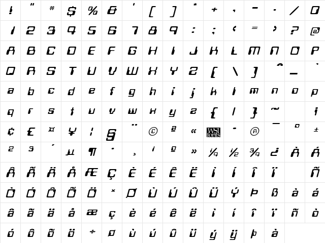 MagneticCardWide Italic  glyph index