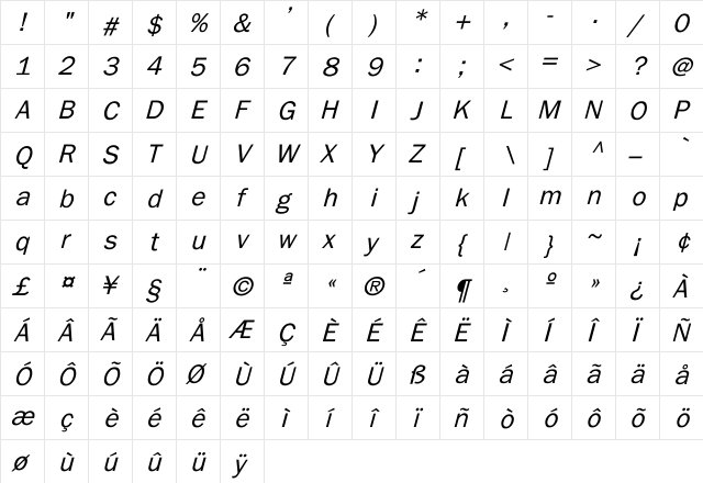 Eluthera Italic Italic  glyph index
