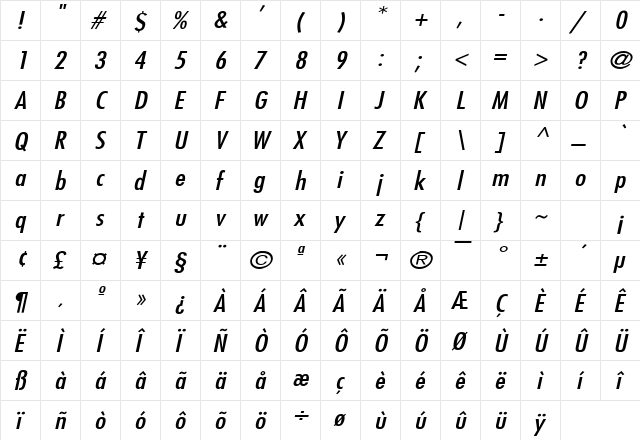 Fuji Wide Italic  glyph index