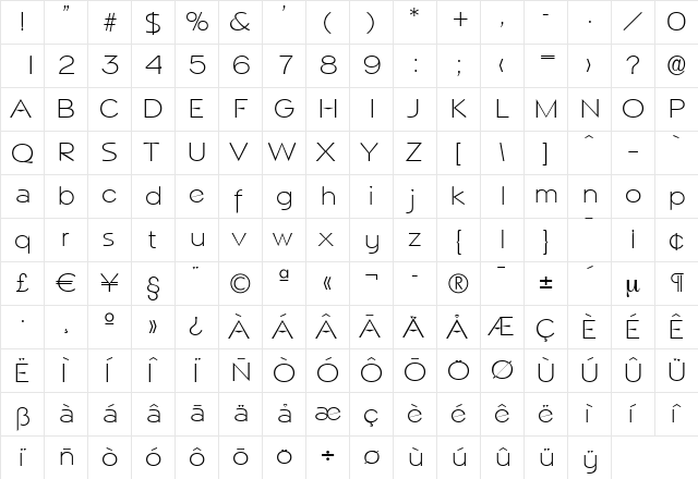 MarioBecker-ExtraLight Regular  glyph index