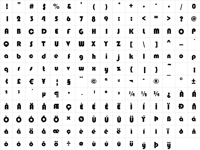 Bilbao-Black Regular  glyph index