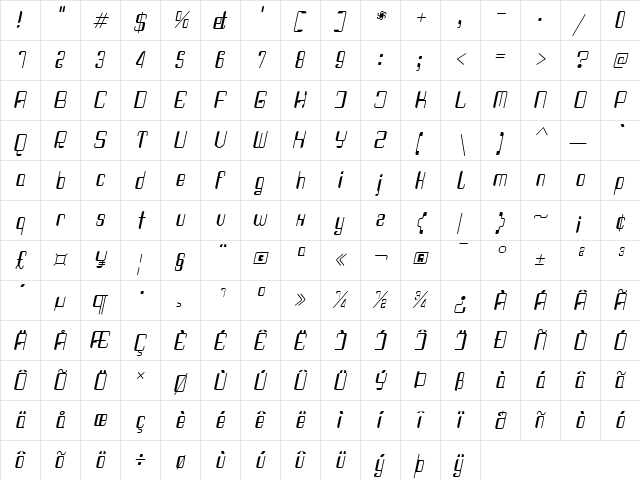 Haike  Cond Italic  glyph index