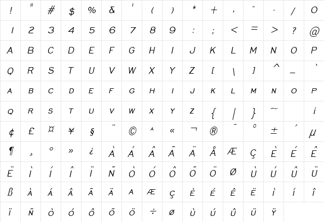 Chisel Condensed Italic  glyph index