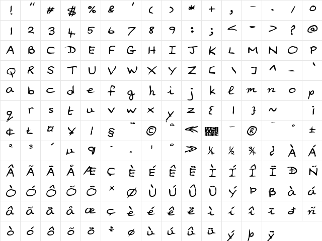 AlinasHand Bold Italic  glyph index