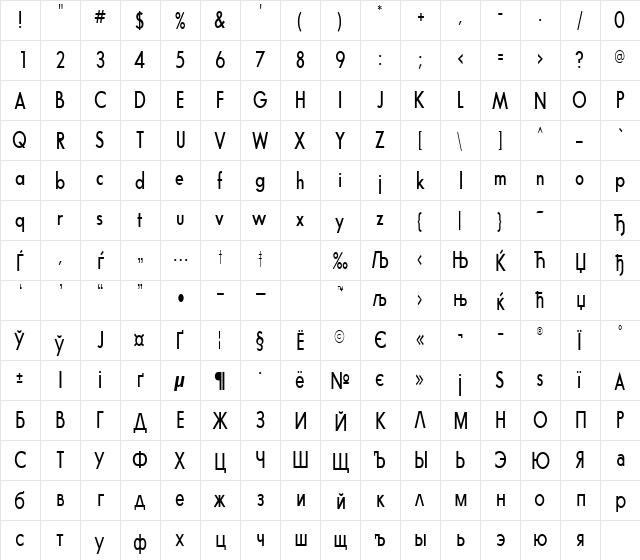 Futura Narrow Bold  glyph index