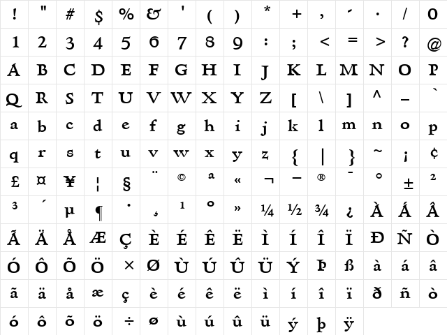 Hadriano Bold  glyph index