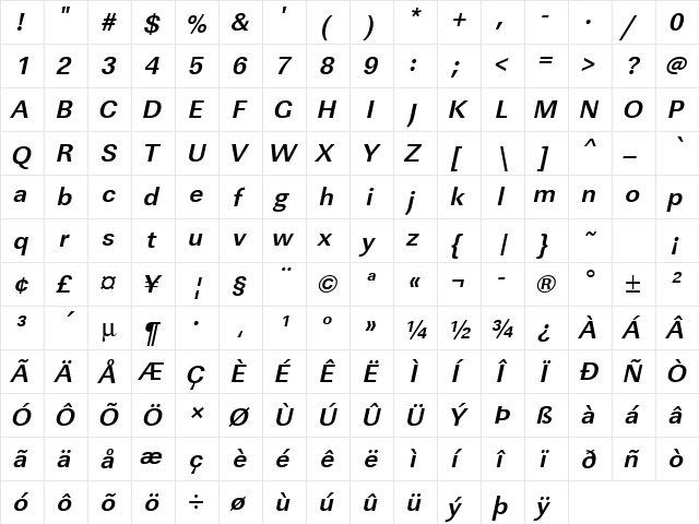 URWLinearT Bold Oblique  glyph index