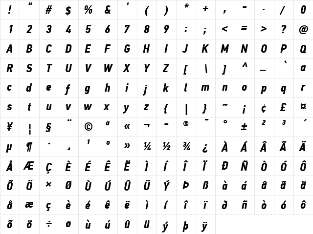 PF Din Text Cond Pro Bold Italic  glyph index