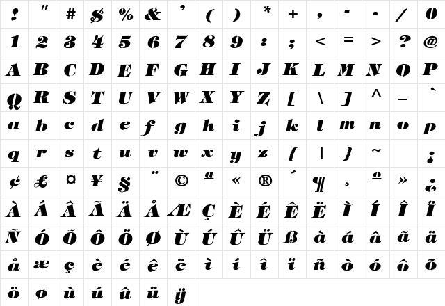 Timpani_Heavy-Italic Regular  glyph index