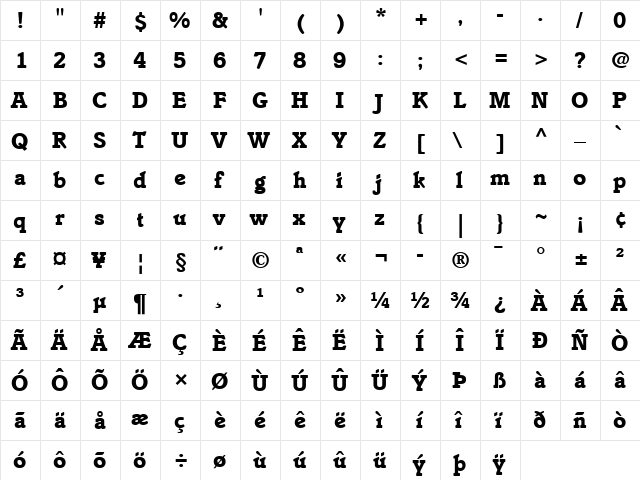 Italia LT Book Bold  glyph index