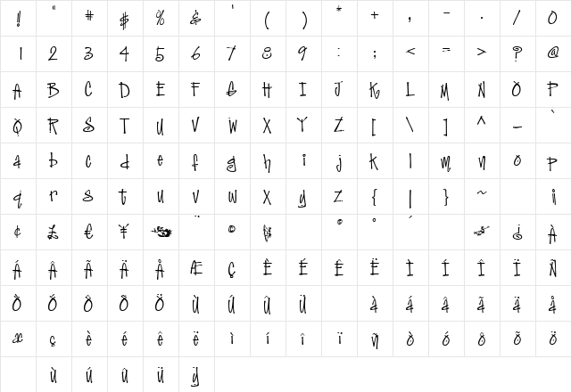 Jive Talk Regular  glyph index