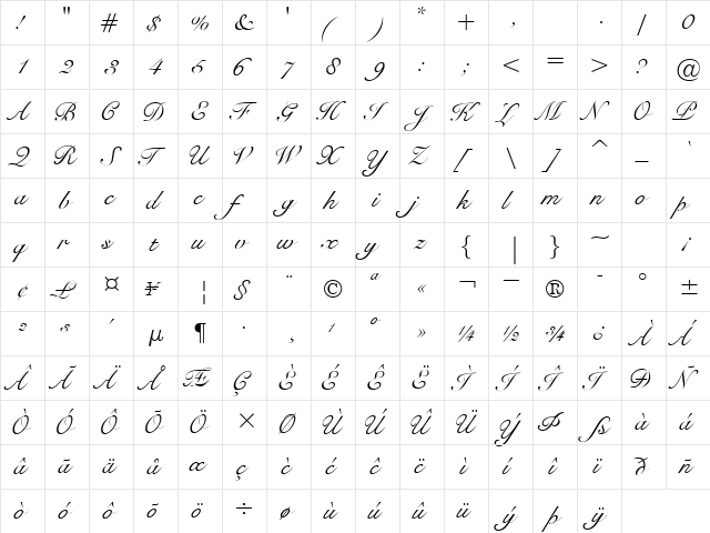 BravoScriptSSK Regular  glyph index