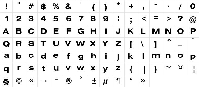 HeliosExt Bold  glyph index