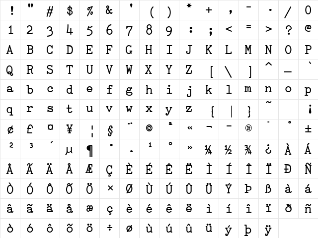 TiredOfCourier Bold  glyph index