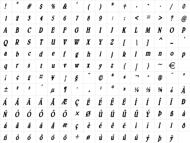 BlewCondensed BoldItalic  glyph index