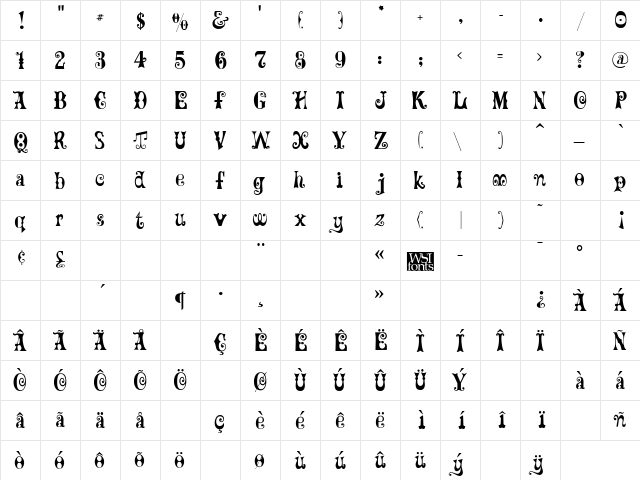Frilly Regular  glyph index