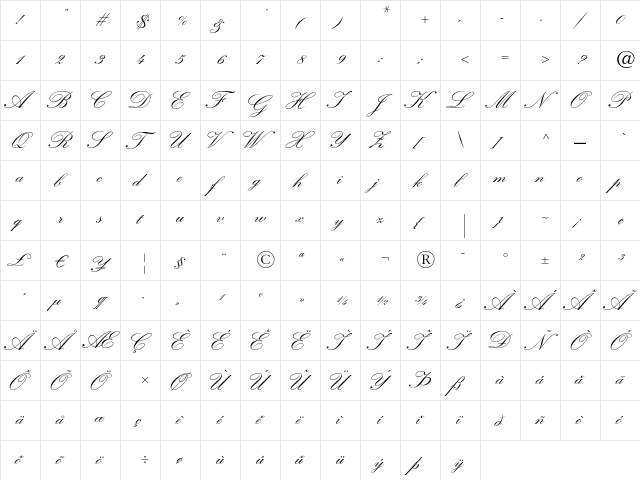 Kuenstler Script LT Bold  glyph index