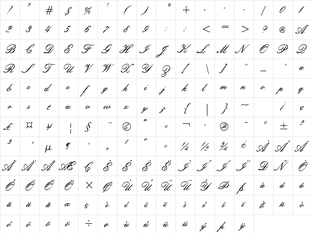 Empire Script Regular  glyph index