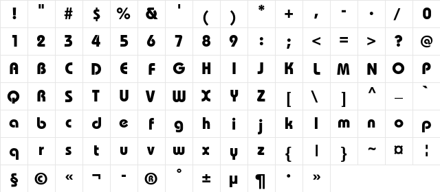BauhausC Medium Bold  glyph index