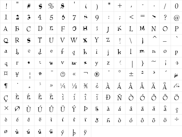Heimlich Regular  glyph index