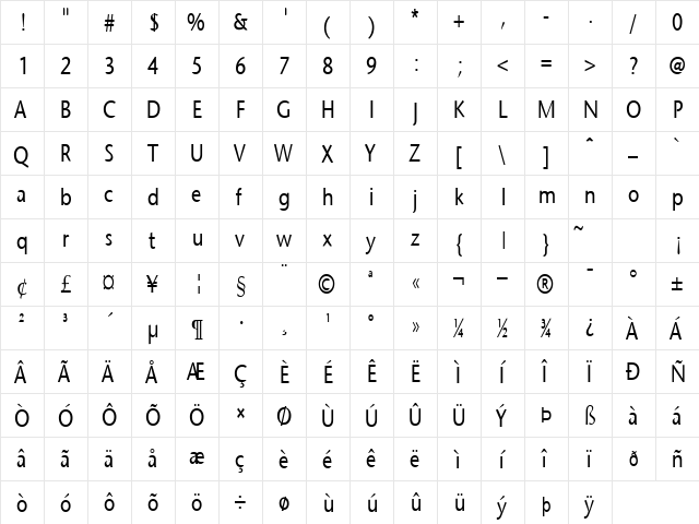 Optimist-Condensed Normal  glyph index