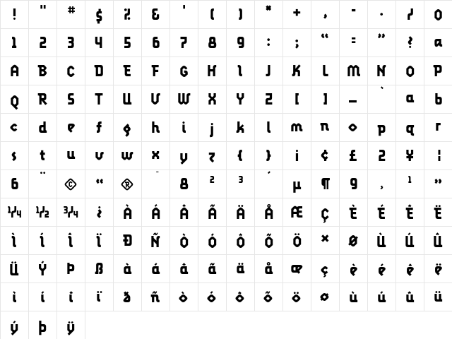 LunatixBold Regular  glyph index