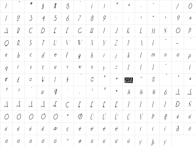 ElisiaCondensed Italic  glyph index