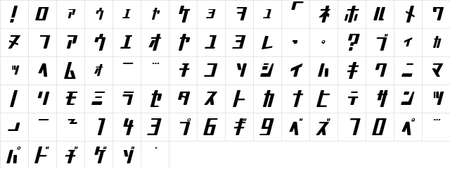 MobileSuit Regular  glyph index