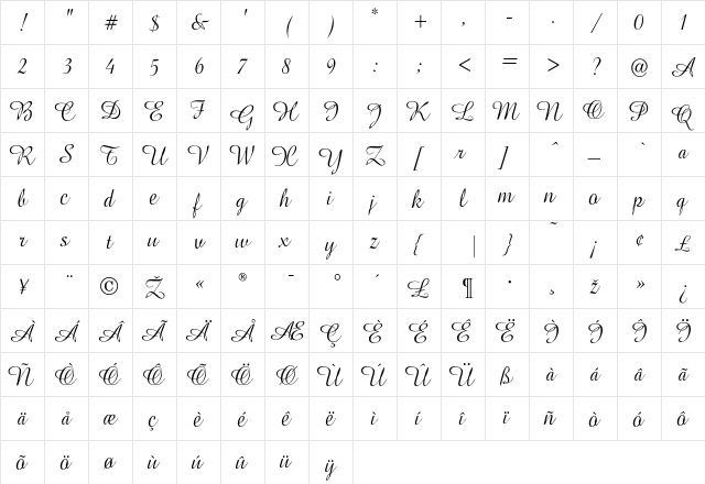 Amapola Regular  glyph index