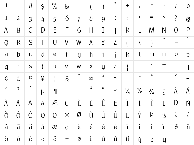 Liga Sans LT Std Regular  glyph index