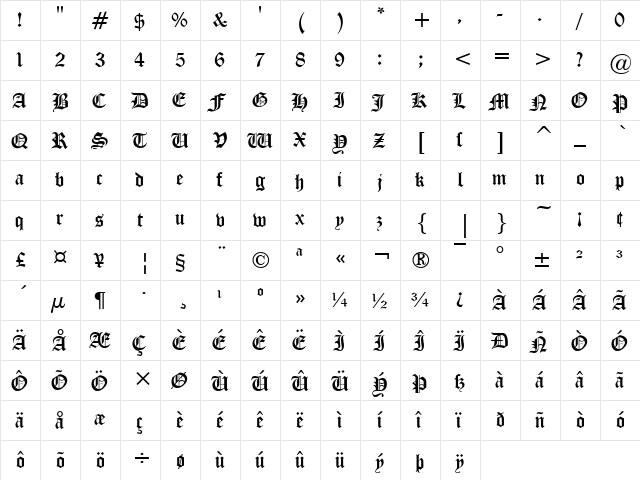 Iglesia Regular  glyph index