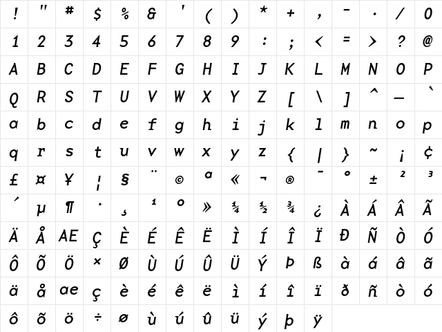BaseMono Medium Italic  glyph index