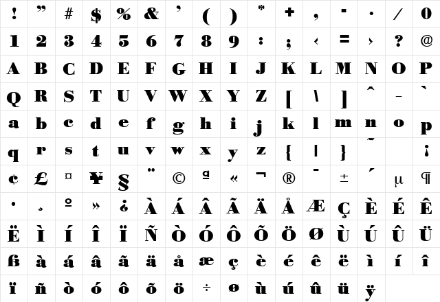 Bodoni-Serial-Black Regular  glyph index