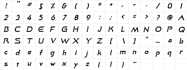 Quasar Italic  glyph index