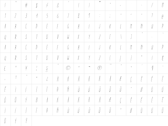 Aracne Ultra Condensed Light Italic Ultra-condensed Light Italic  glyph index